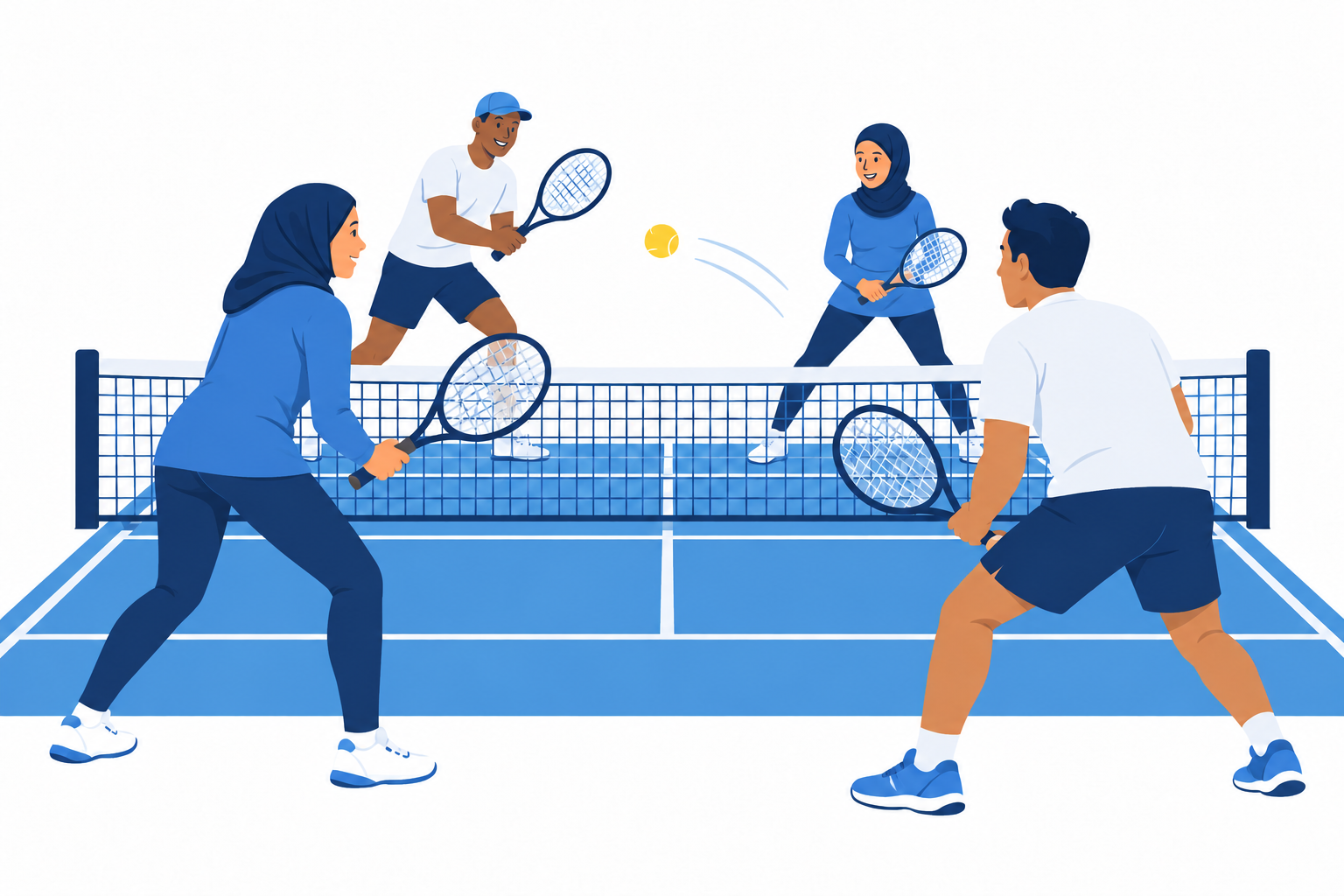 Dua pemain perempuan berkerudung dan bercelana panjang bermain tenis bersama dua pemain laki-laki